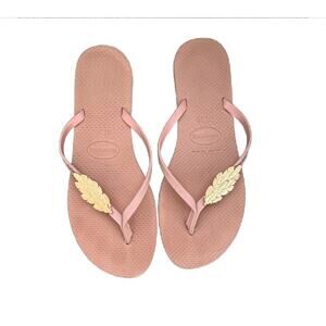 Havaianas Brown Flip Flops Gold Leaf Embellishment Womens Size 37 / 38